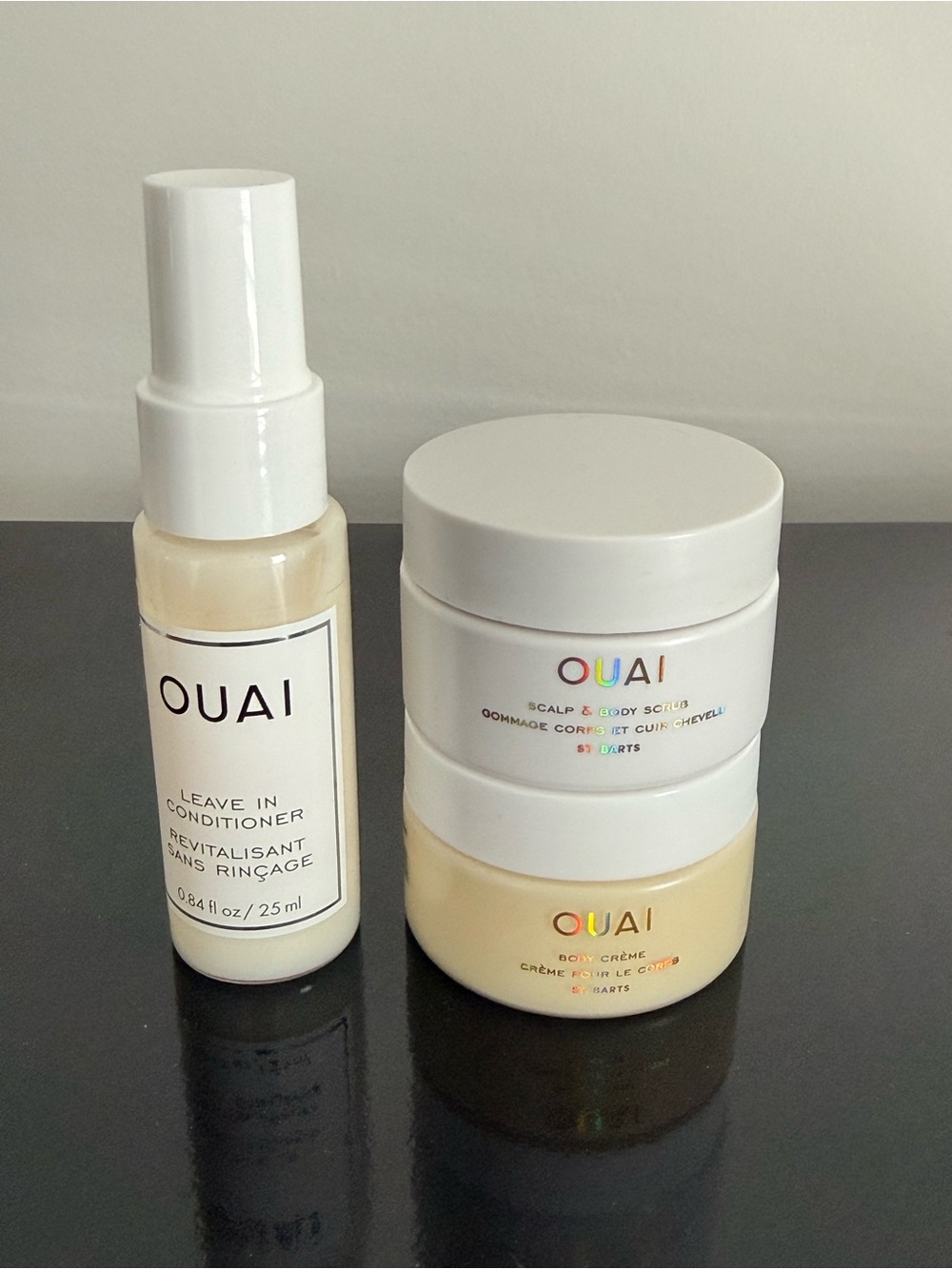 OUAI Travel Size Set - Leave in Conditioner, Scalp & Body Scrub, Body Creme